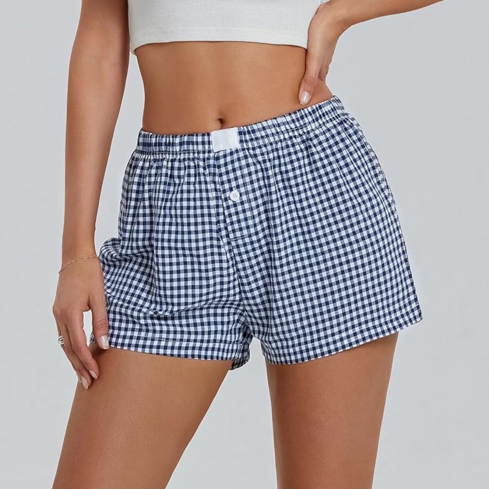 Women's Blue Checkered pajama bottoms shorts - Picture 1 of 2